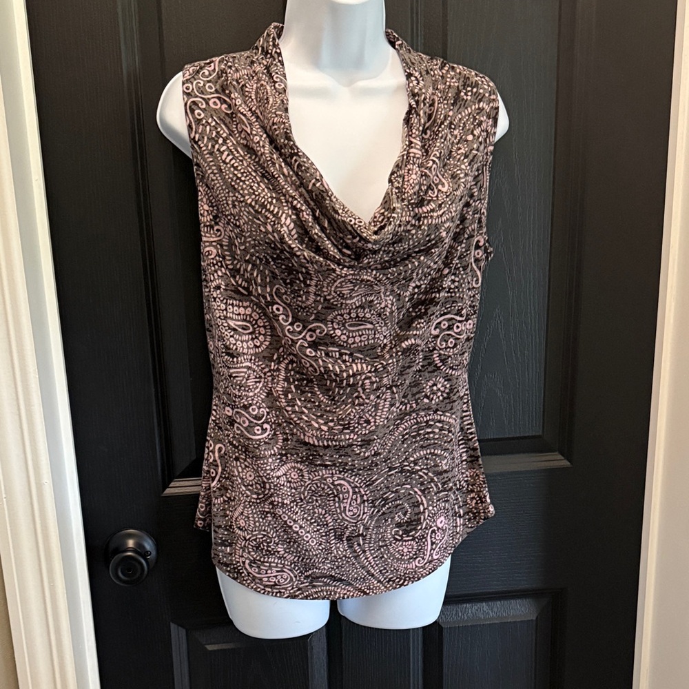INC International Concepts Black and Pink Paisley Cowl Neck Blouse